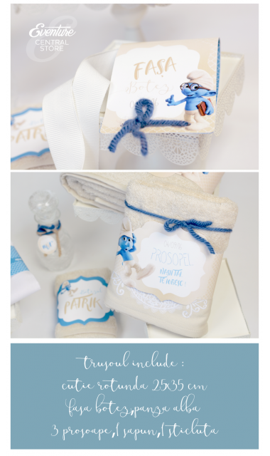Trusou de botez cu broderie personalizata pentru baieti, Strumfii veseli 5